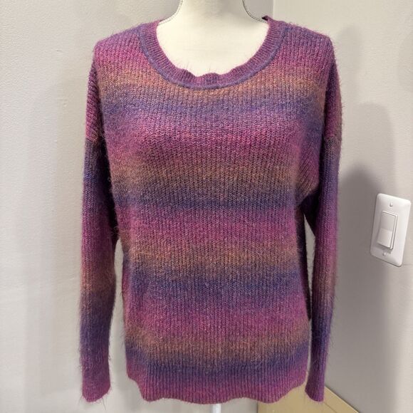Maurices Sweater Size Large Long Sleeve Purple Pink Striped Fuzzy Pullover - Picture 1 of 7